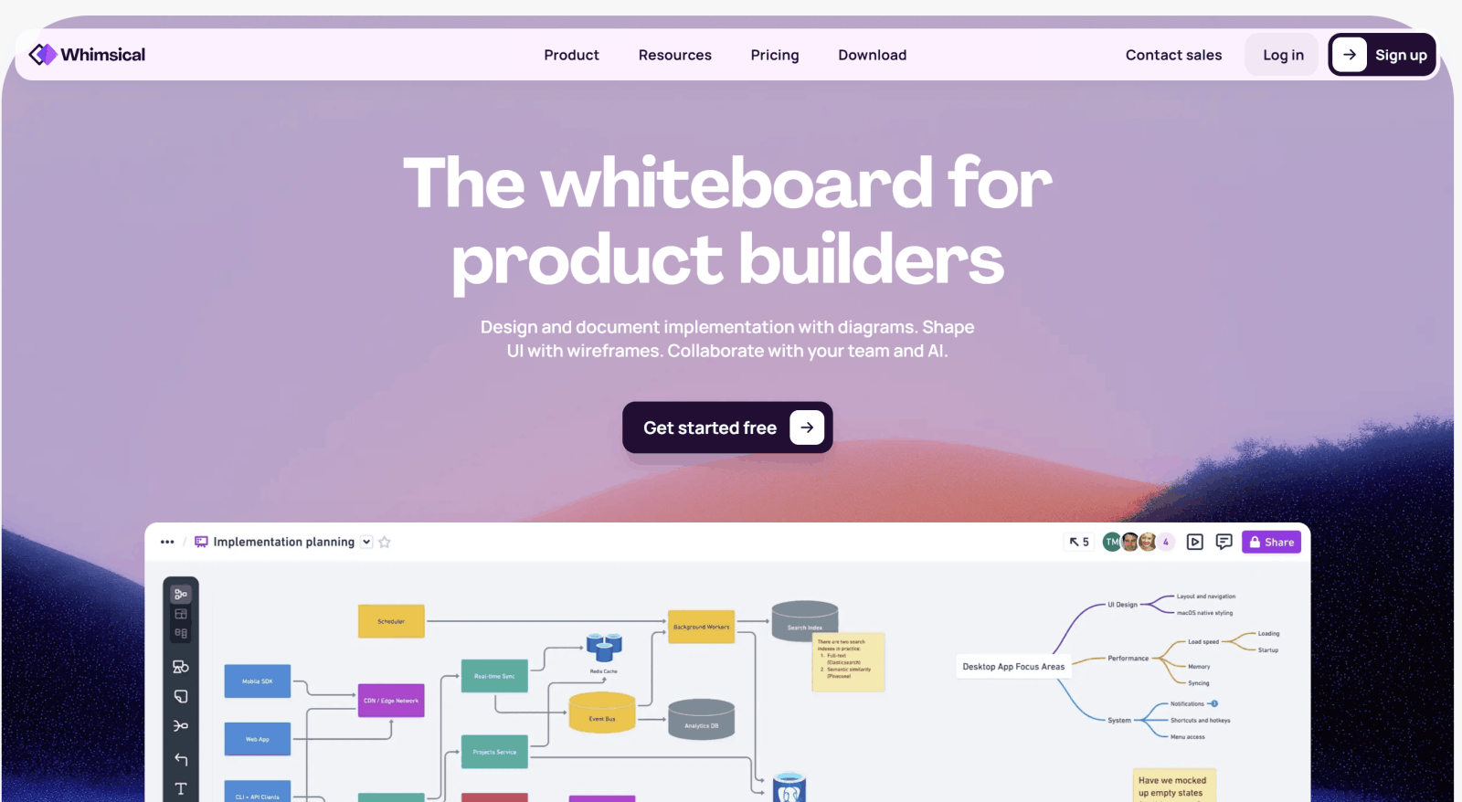 Whimsical for wireframes with diagrams and flowcharts on the same canvas
