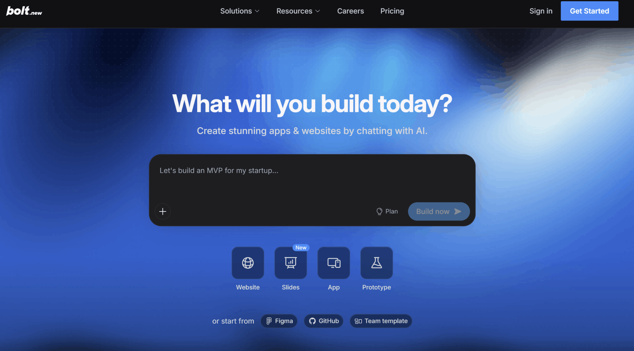 Bolt's website homepage with a blue gradient background, showcasing Bolt for building apps and websites.
