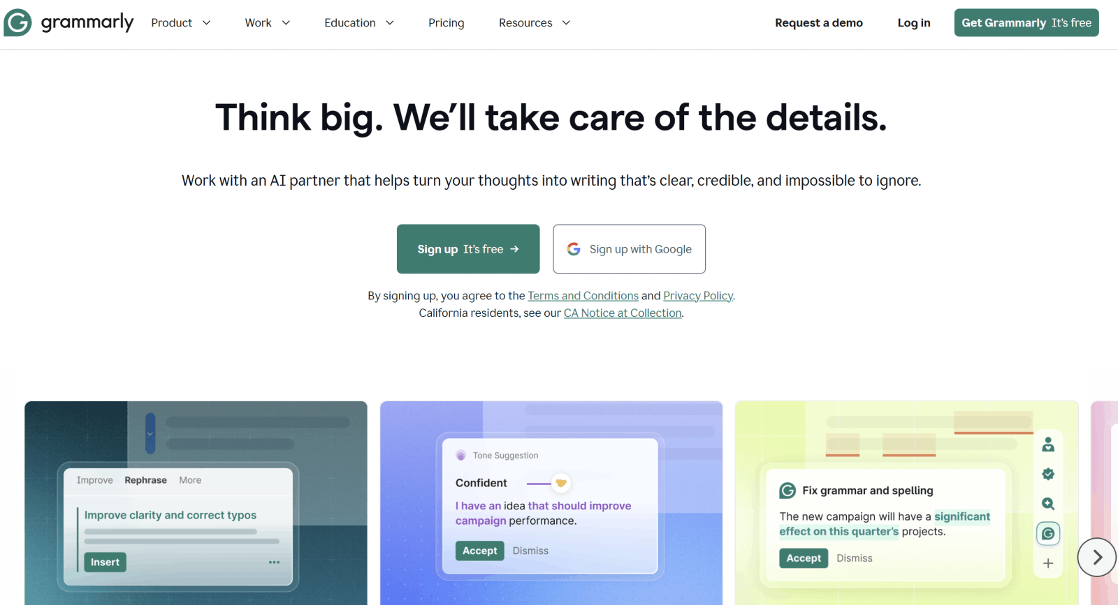 Grammarly homepage: AI writing assistant