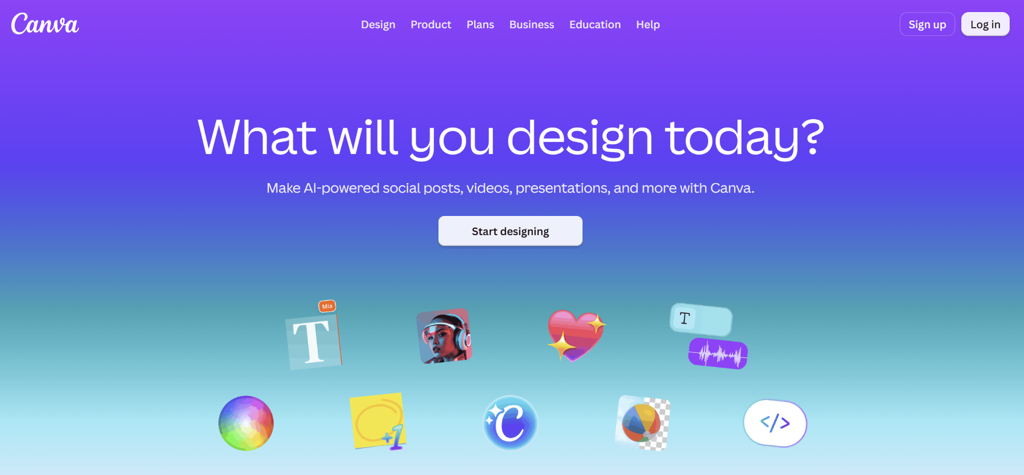 Canva's hero section shows AI design features