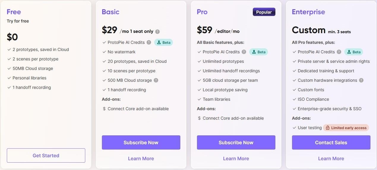 ProtoPie pricing comes with a free trial with limited features and paid, basic and pro plans