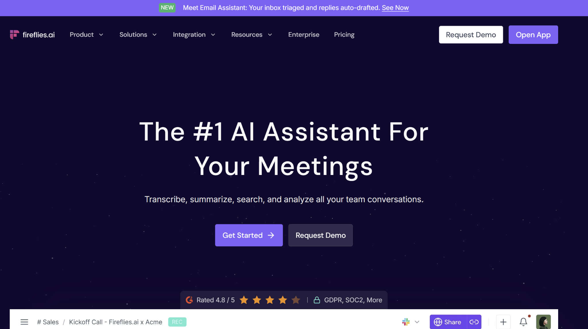 Fireflies homepage: AI meeting assistant for summaries