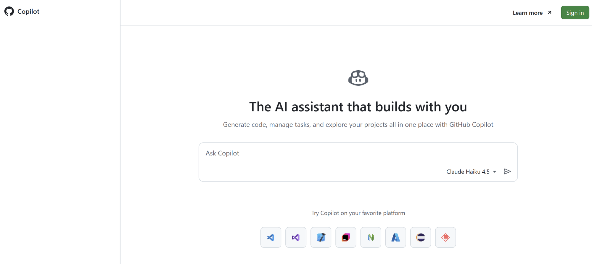 GitHub Copilot homepage: AI coding assistant inside your IDE