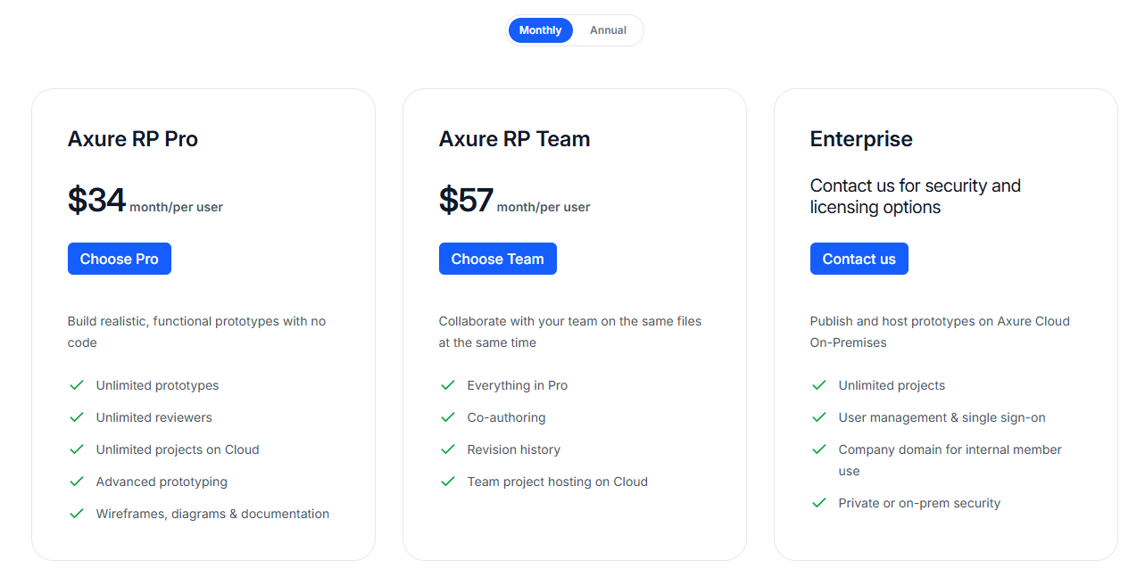 Axure RP pricing starting at 34 USD per month to enterprise plans which is custom quoted