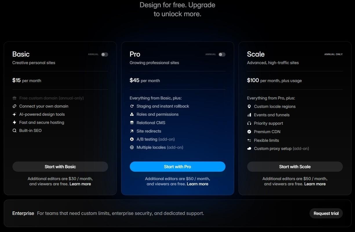 Framer pricing from basic to scale ranging from 15 USD to 100 per month