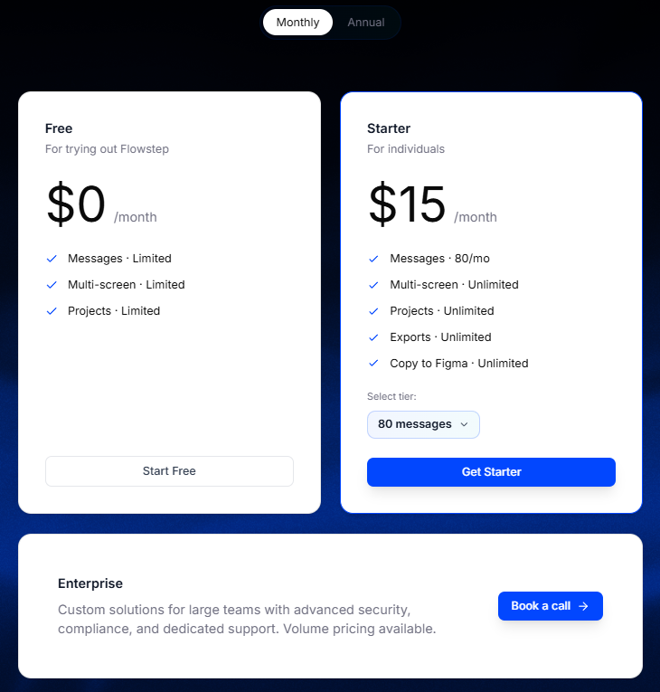 Flowstep pricing for 15 USD per month or 12 USD per month for annual plans